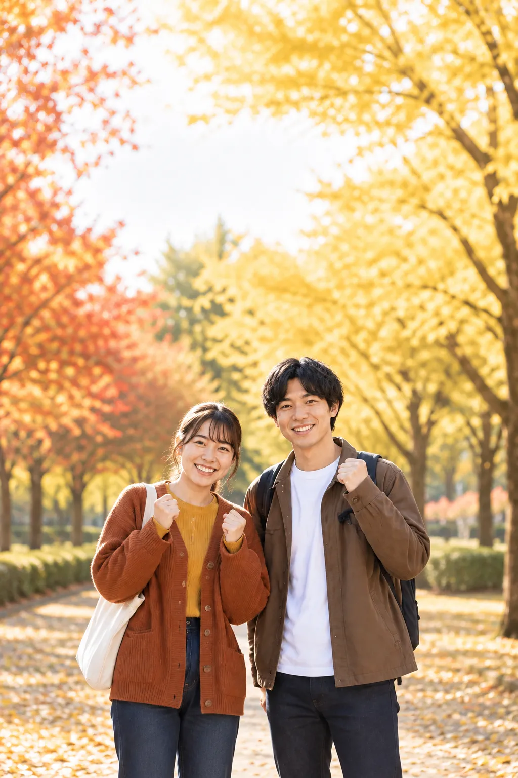 紅葉の公園で、両手を握って笑う20代の男女