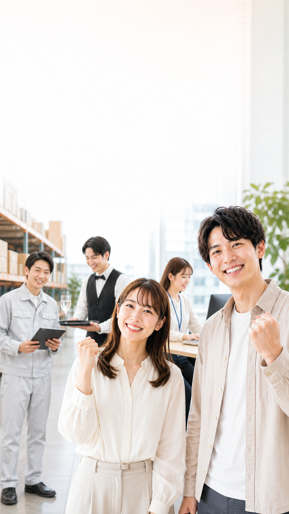 さまざまな働き方を背景に、笑顔でガッツポーズをする男女